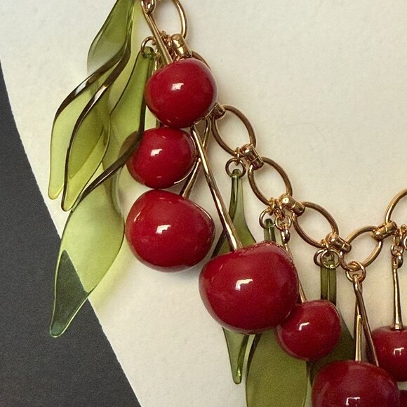 NWOT Rare Kate Spade Ma Cherie Gold Red Green Acrylic Cherry Statement Necklace - Picture 13 of 15